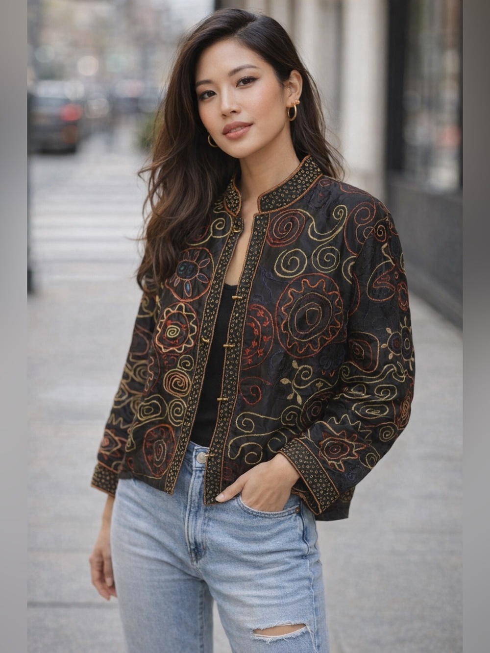 Vintage Chicos Jacket Asian Inspired Black 100% Silk Sz 3 Beaded Embroidered